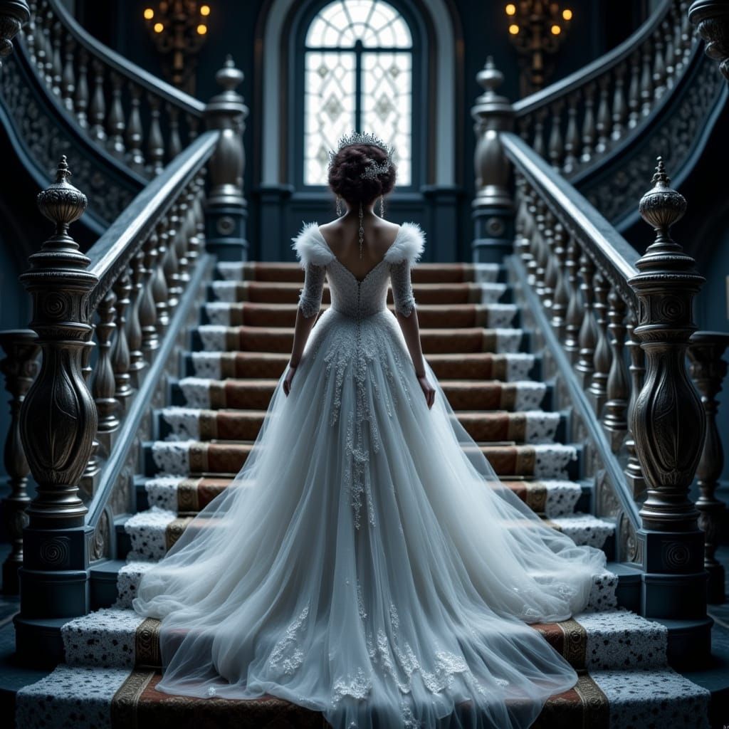 Shimmering Woman Floats on Gothic Staircase