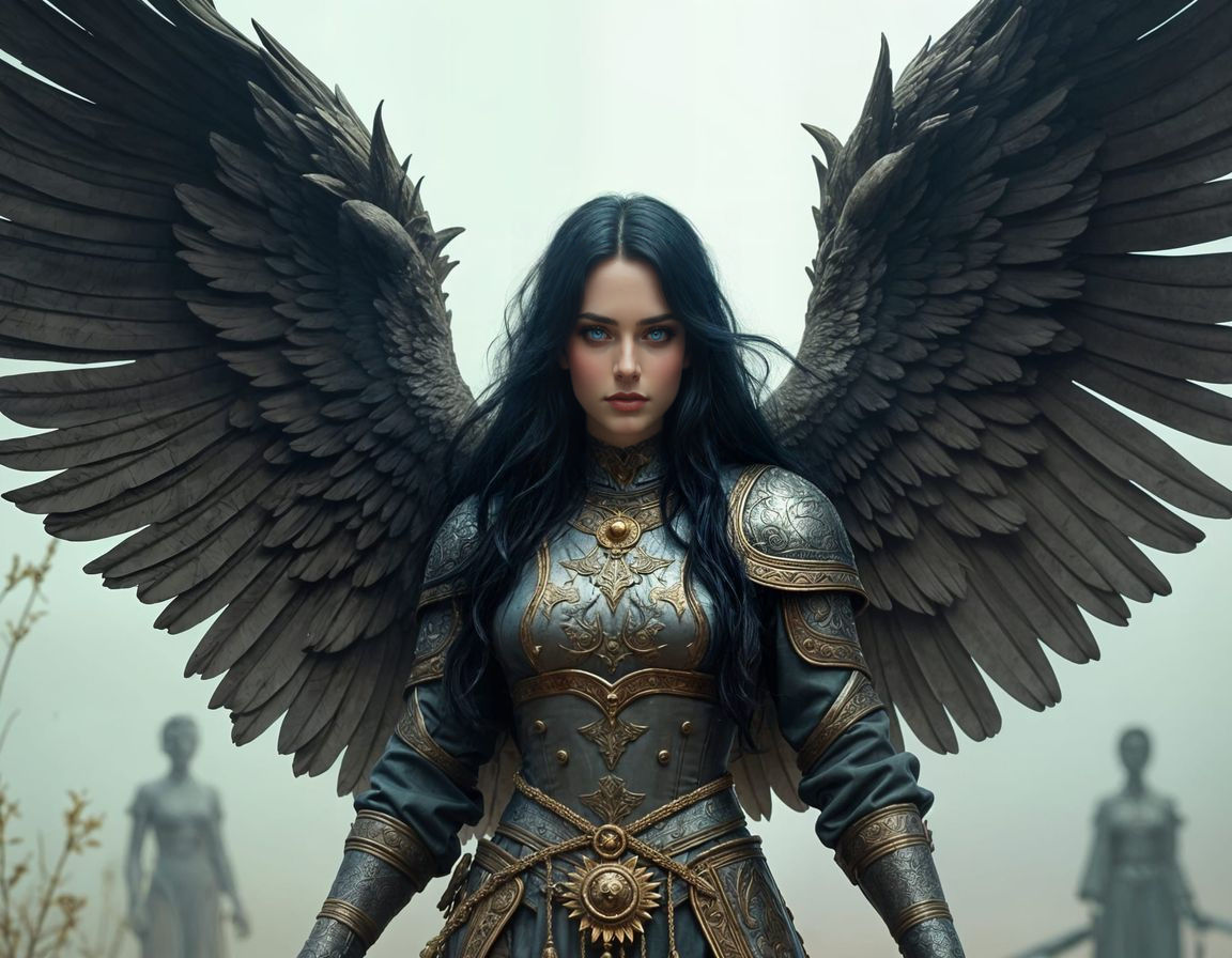 Angel of War in Tears, Holding Ornate Longsword on Bloody Ba...