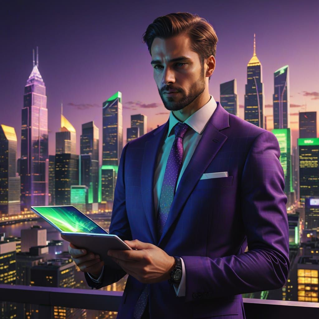 Person with Glowing Tablet in Cityscape: Digital Art