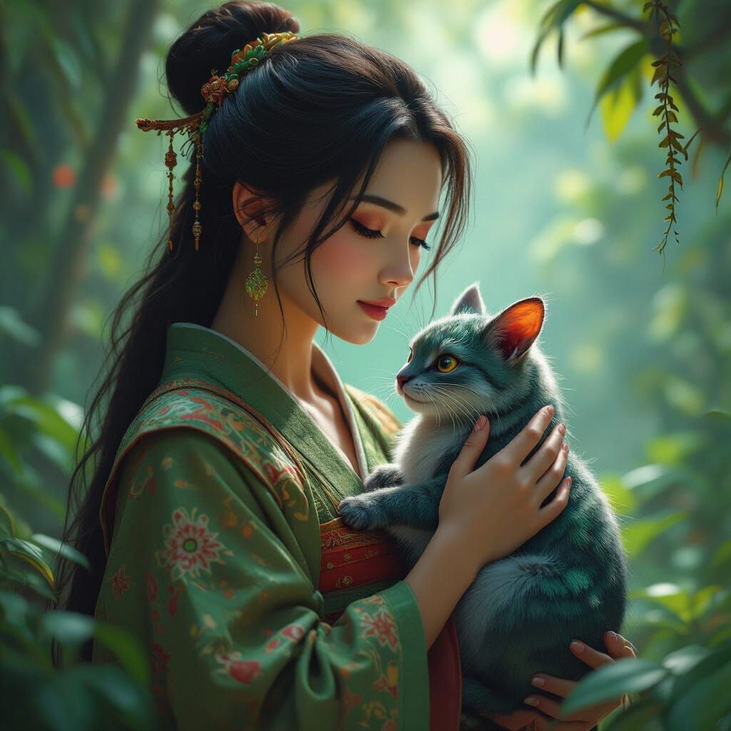 Serene Woman with Mystical Pet: Matte Painting