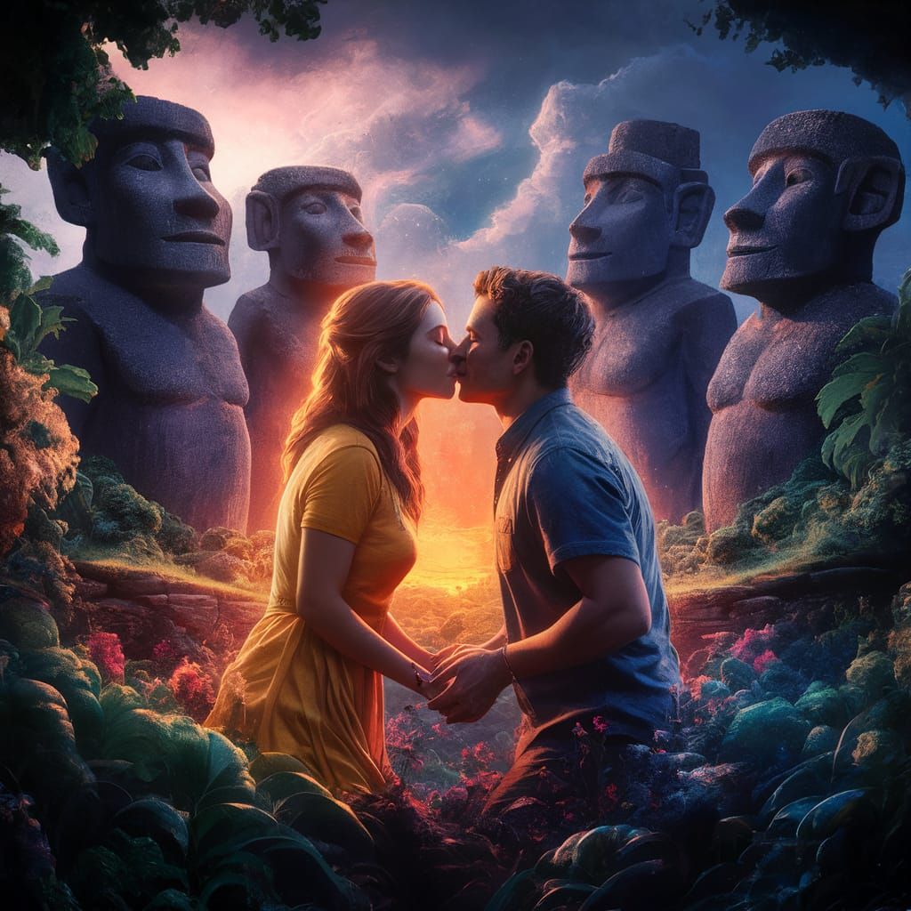 Lovers' Kiss Under Easter Island Statues