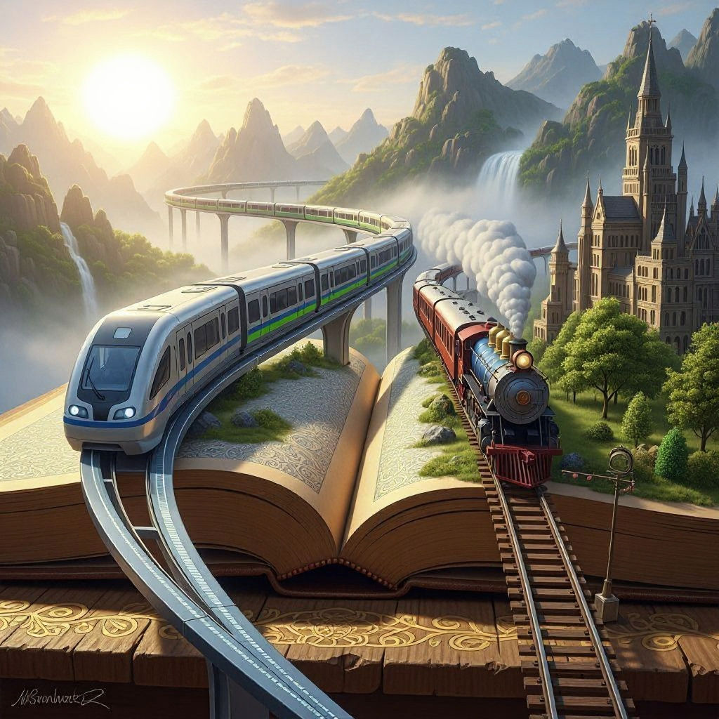 Maglev Train in Open Book, Color Pencil Drawing
