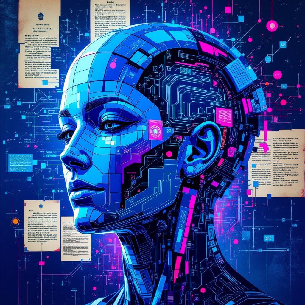 Sentient AI Collage Illustration with Data and Glitch Art