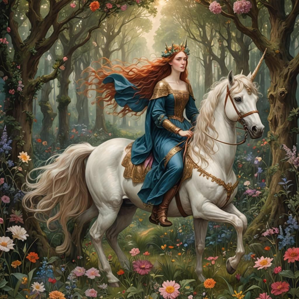 Medieval Woman and Unicorn in Pre-Raphaelite Forest
