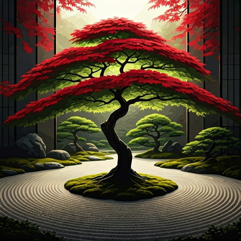 Lush Japanese Maple in Serene Garden: Digital Art
