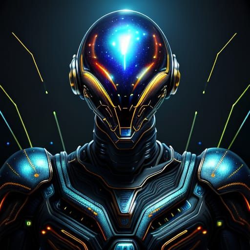 Surrealistic Close-Up of Alien in Metallic Spacesuit