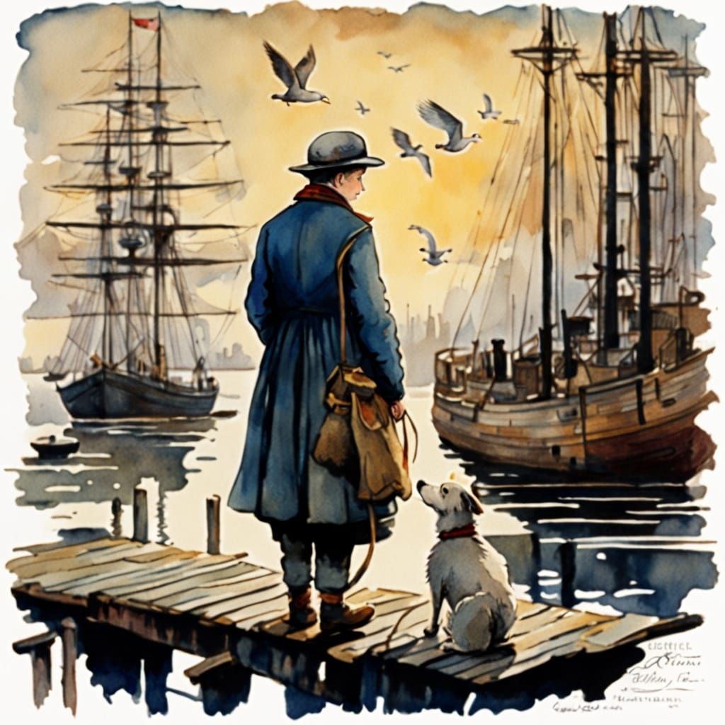 Artist and Dog on Dock in Watercolor Style