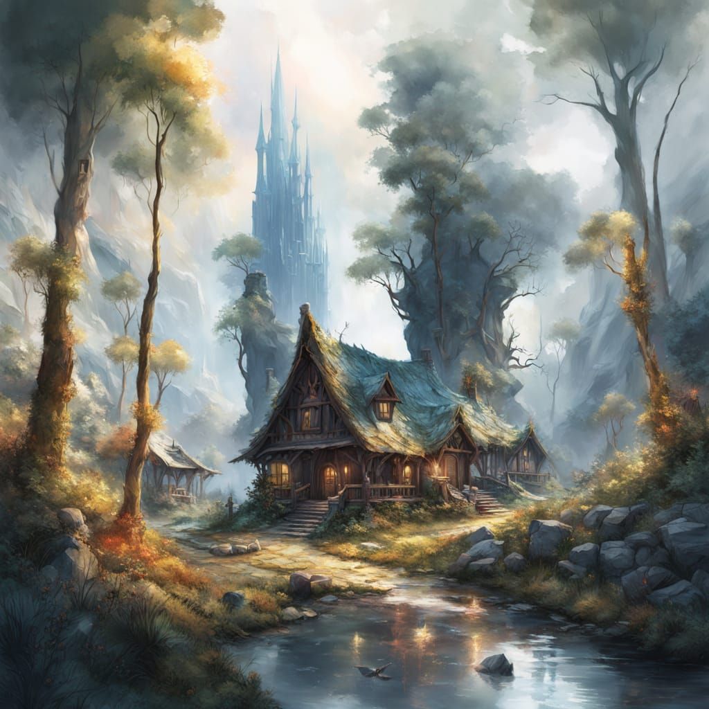 Hobbit Village in Forest, Watercolour Fantasy Art