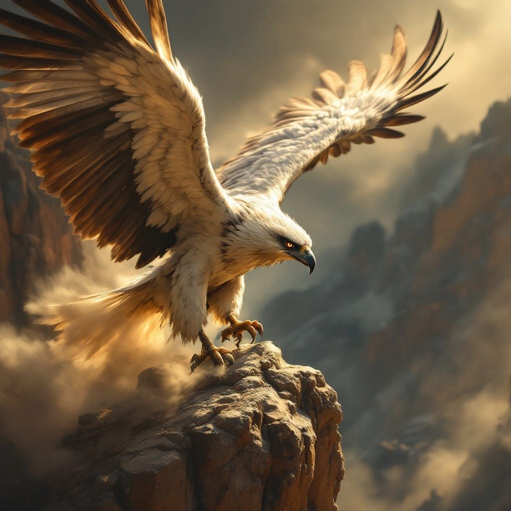 Majestic Harpy Eagle Perched on Cliff Ledge in Golden Light