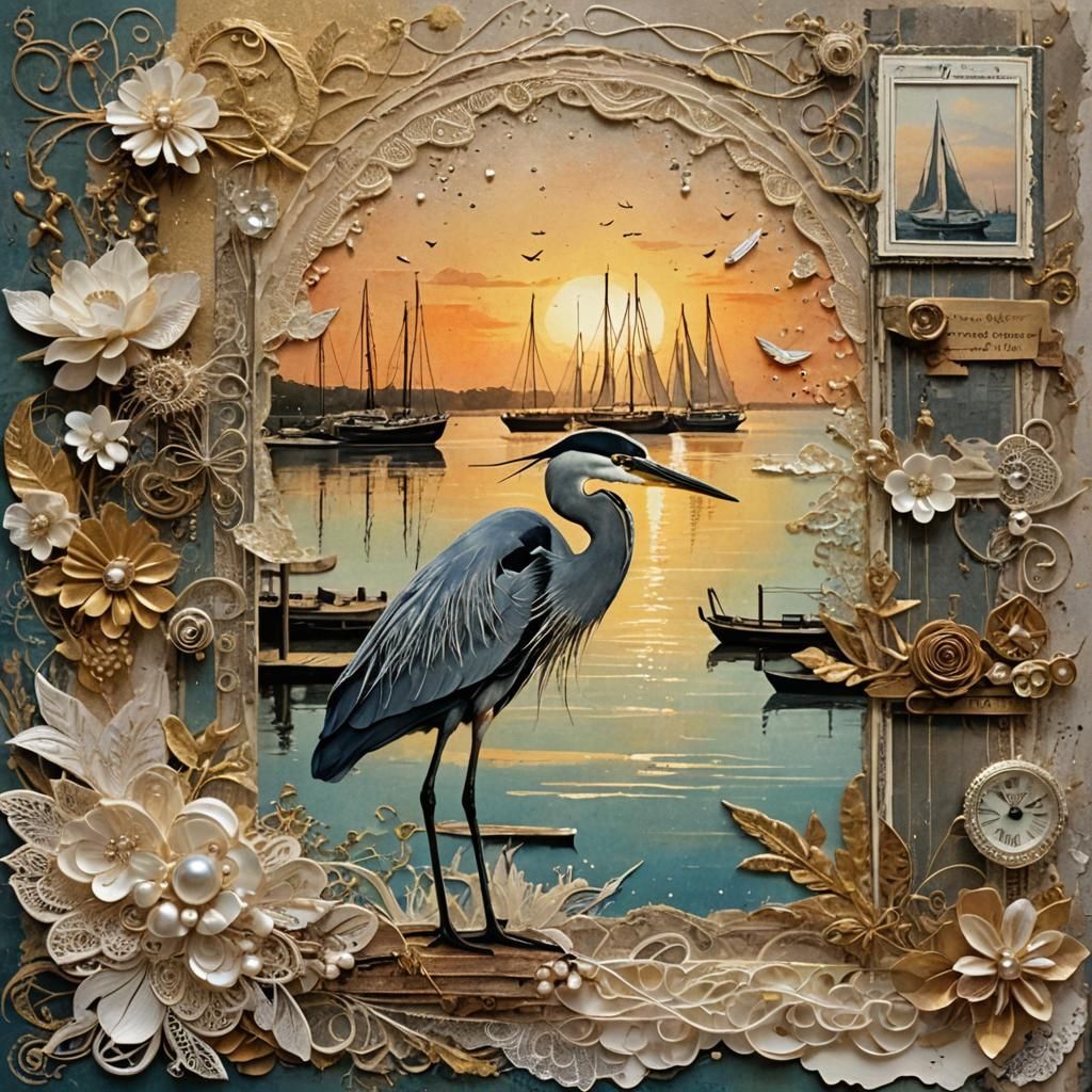 Vintage Sunrise Heron Collage