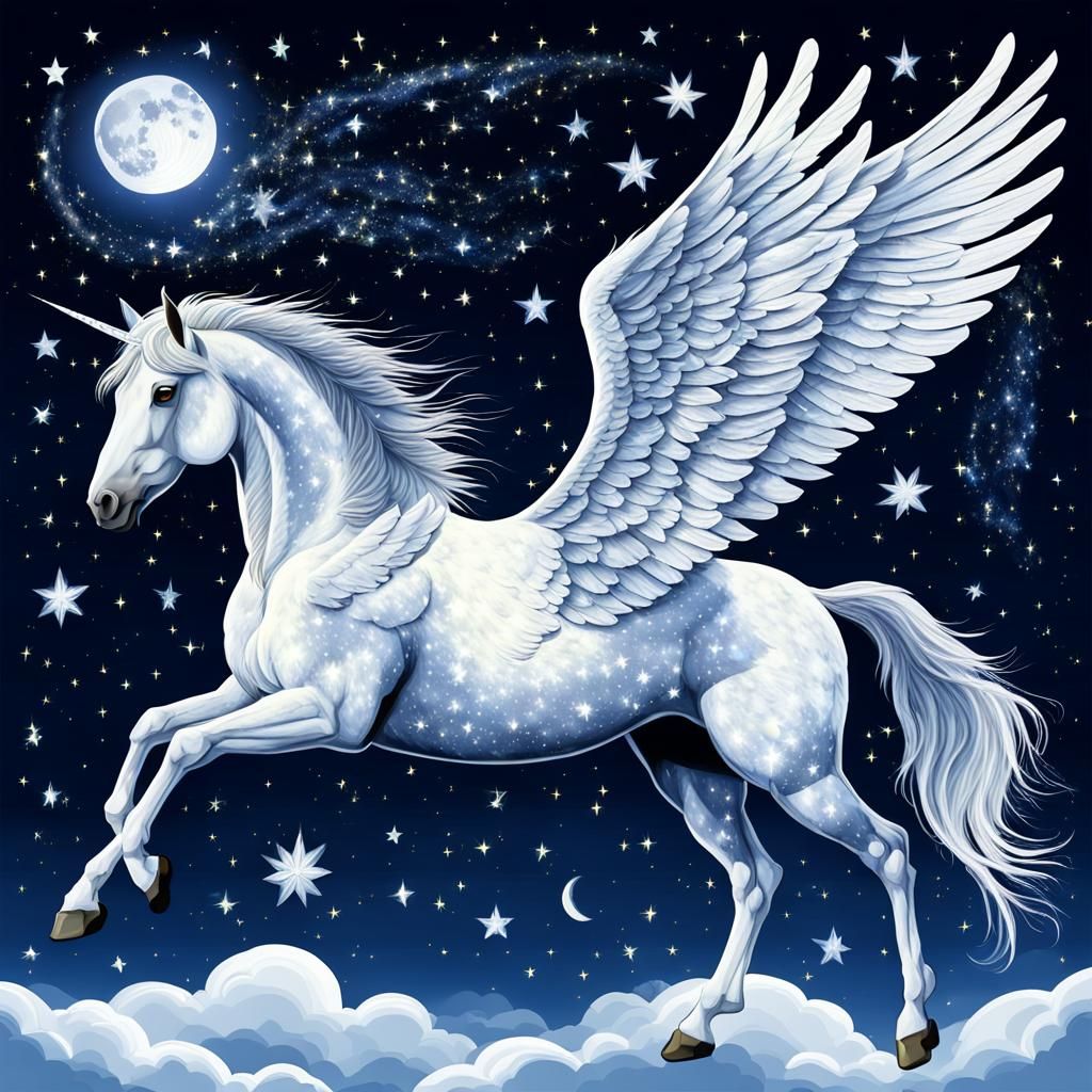 Moonlit Pegasus in Starry Night Sky