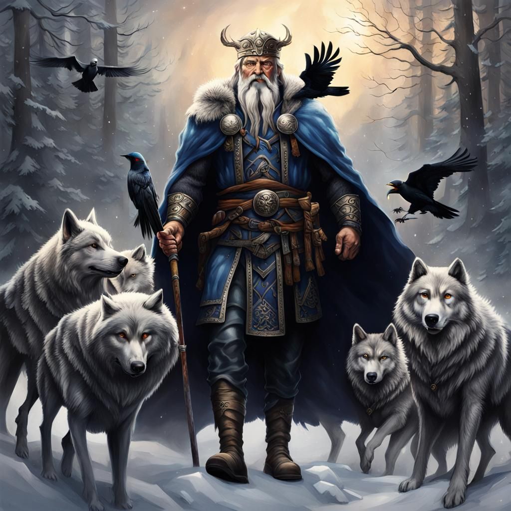 Realistic Odin with Wolves and Ravens