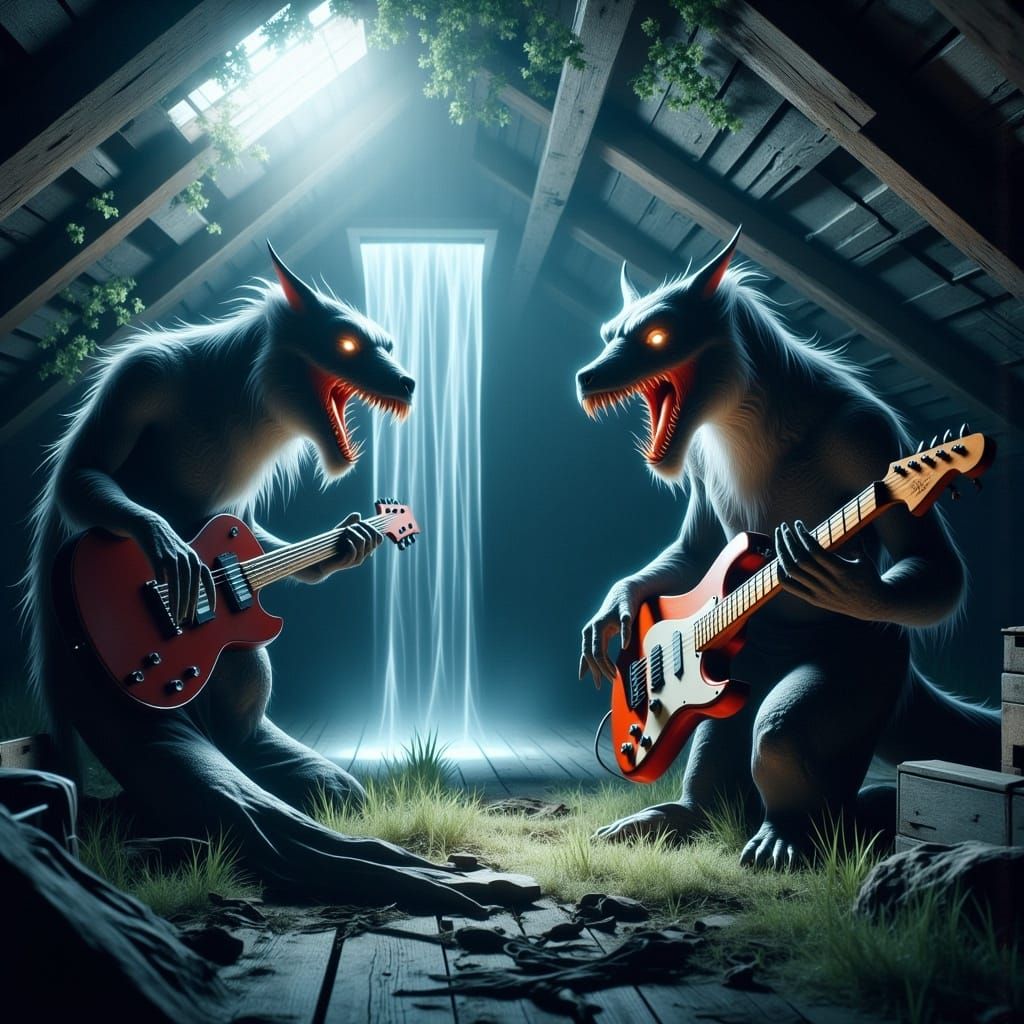 Dragon-Human Band Plays by Waterfall: Digital Painting