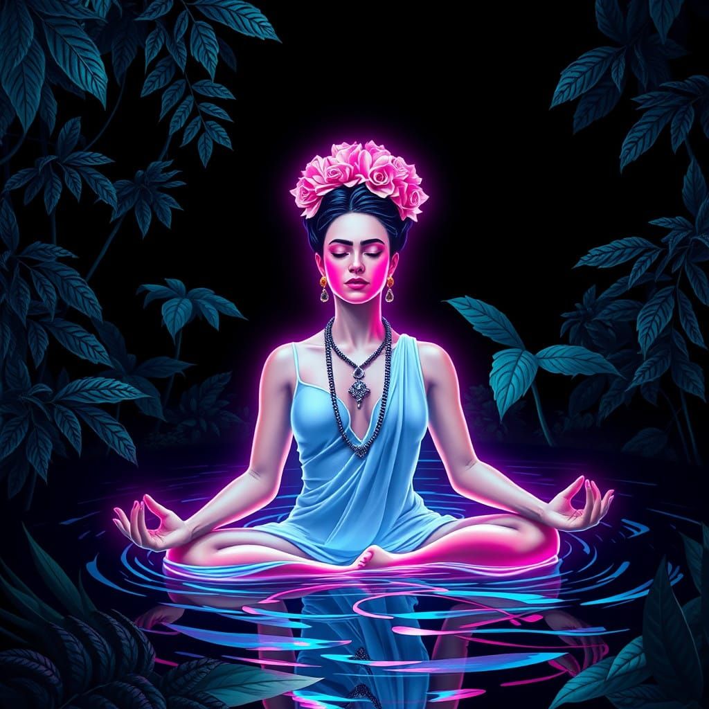 Ethereal Water Goddess Embracing Lush Foliage in Cyberpunk S...