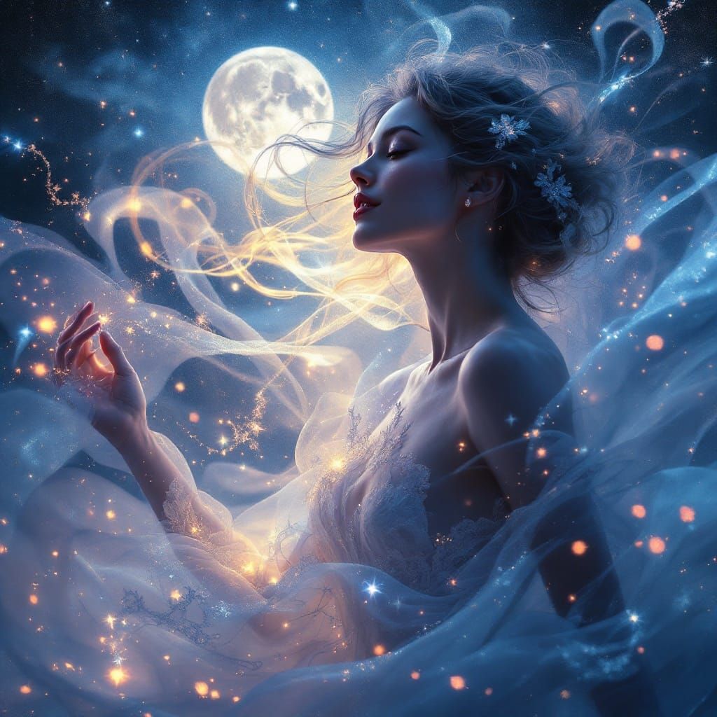 Dreamlike Figure Adrift in a Whirlwind of Cosmic Promises