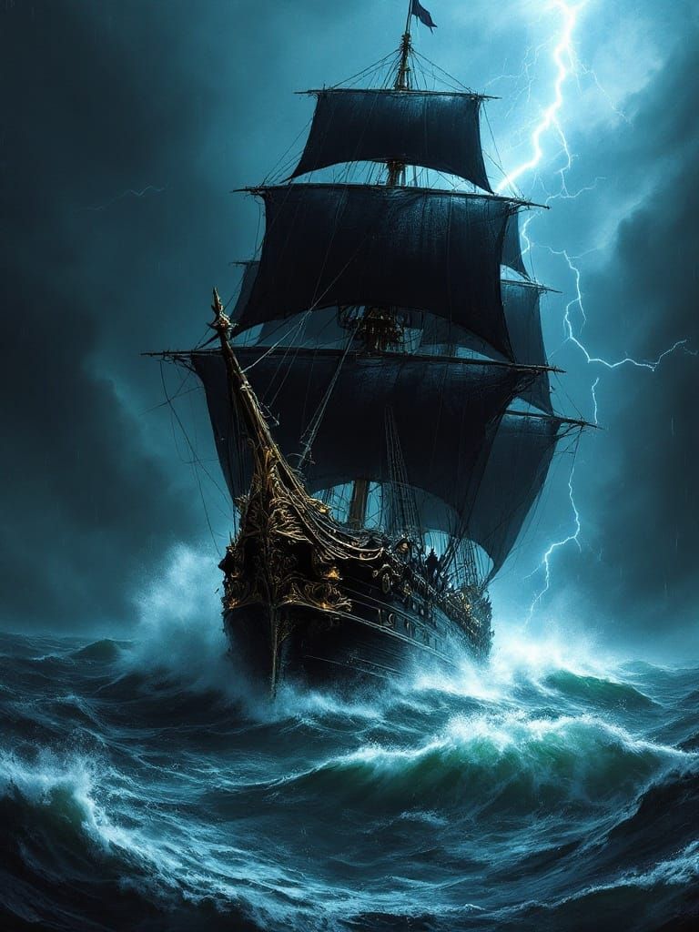 Dark Fantasy Warship Rides Stormy Seas in Cinematic Style