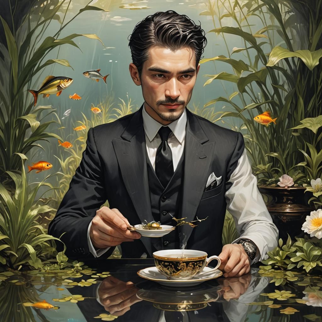 Man with Teacup Aquarium in Dark Realism Style