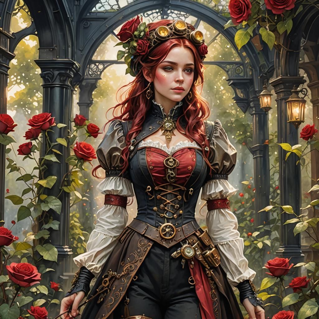 Steampunk Elf in Secret Rose Garden, Watercolor Art
