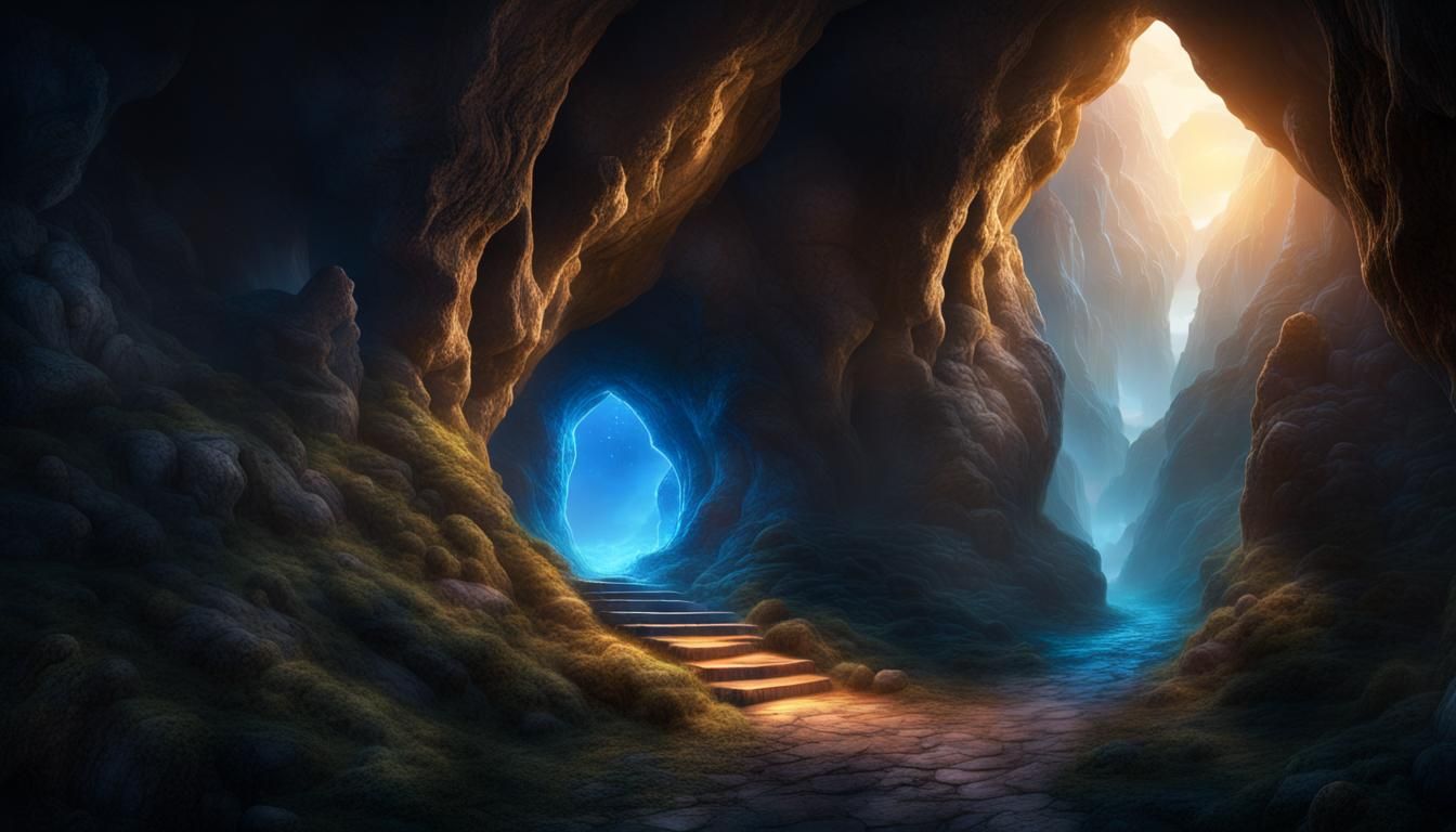 Ethereal Cave Entrance with Glowing Eggs