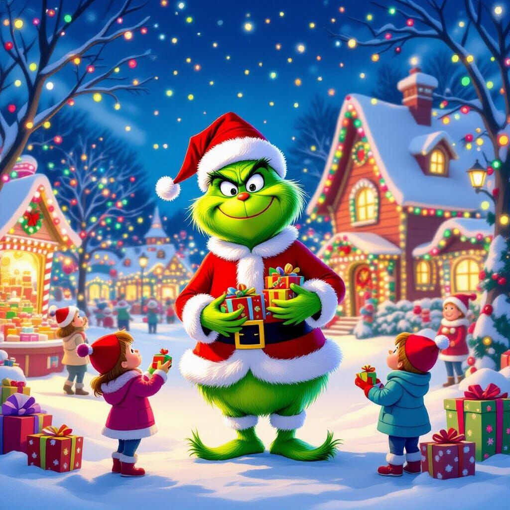 Happy Grinch in Green Santa Suit Giving Toys