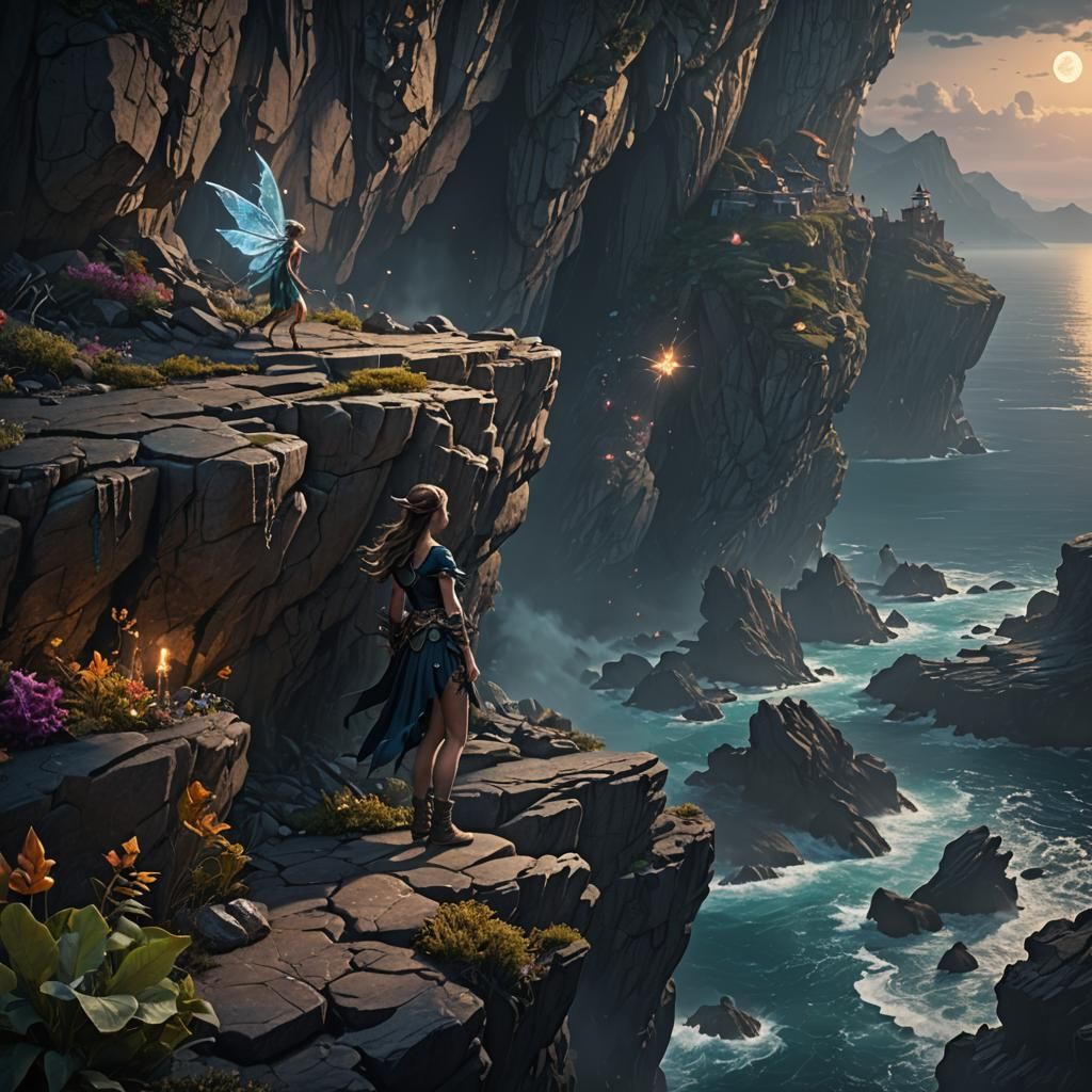Fantasy Fairy Search on Rocky Ocean Cliff