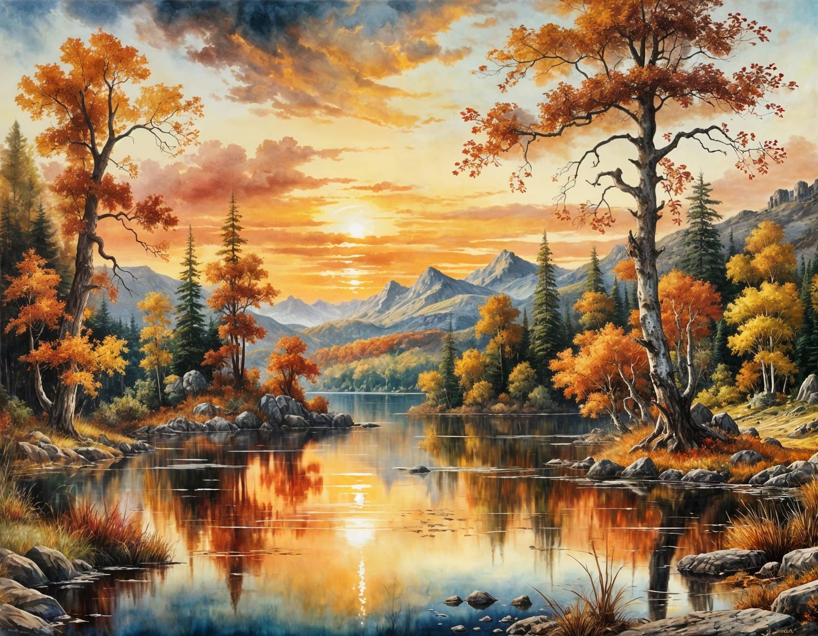 Autumn Lake Sunset: Oil Painting in Vivid Colors