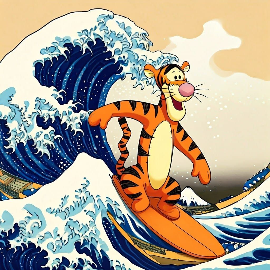 Tigger Surfing Hokusai Wave in Ukiyo-e Style