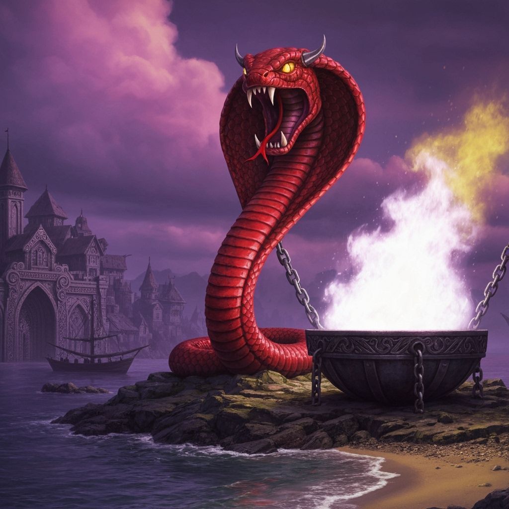 Cobra Tower Biting Fire Bowl in Dark Fantasy Art