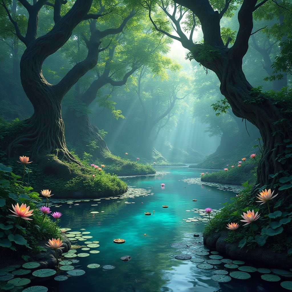 Ancient Forest Pond in Vibrant Whimsy