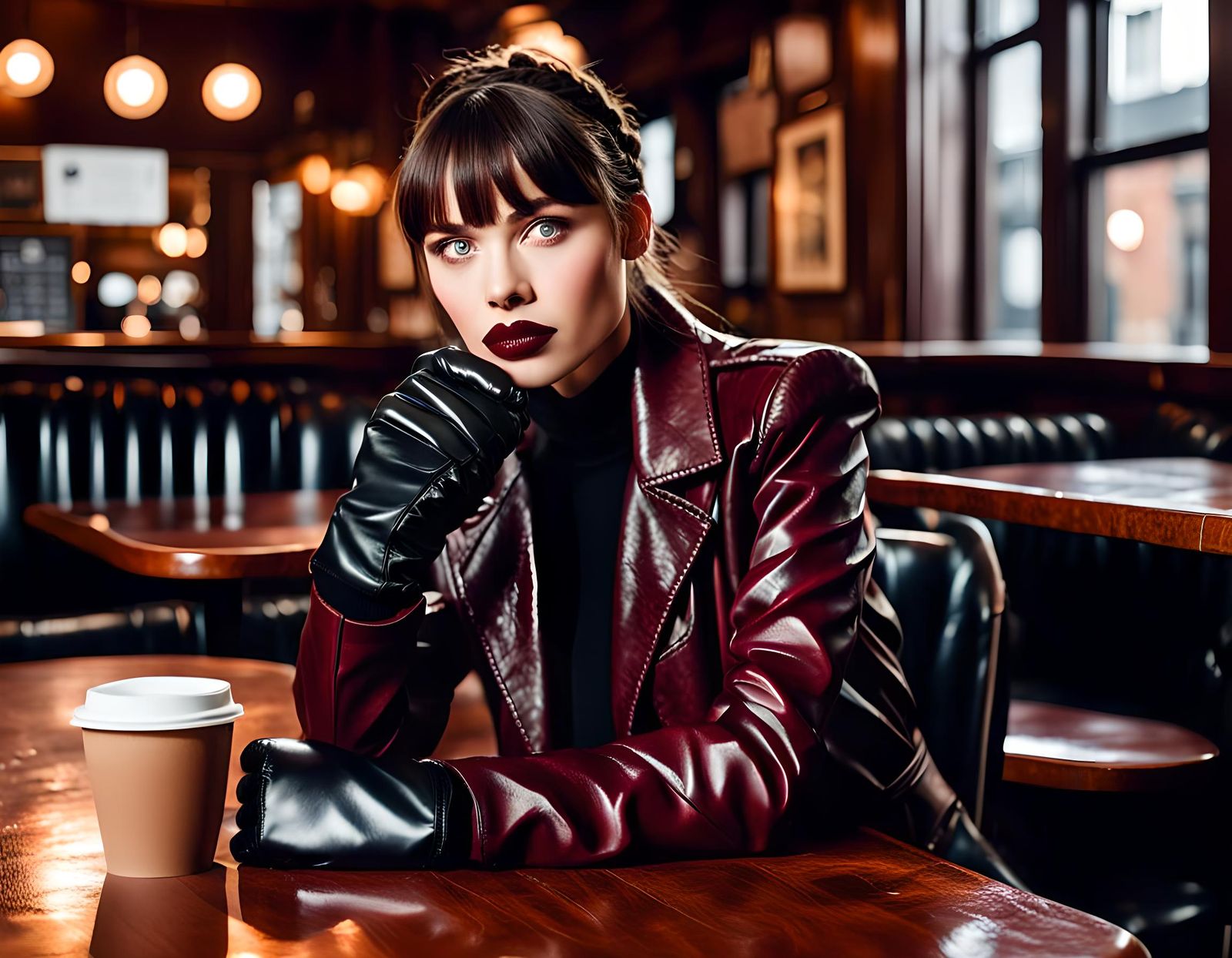 Brunette Woman in Leather at Coffeehouse Photograph