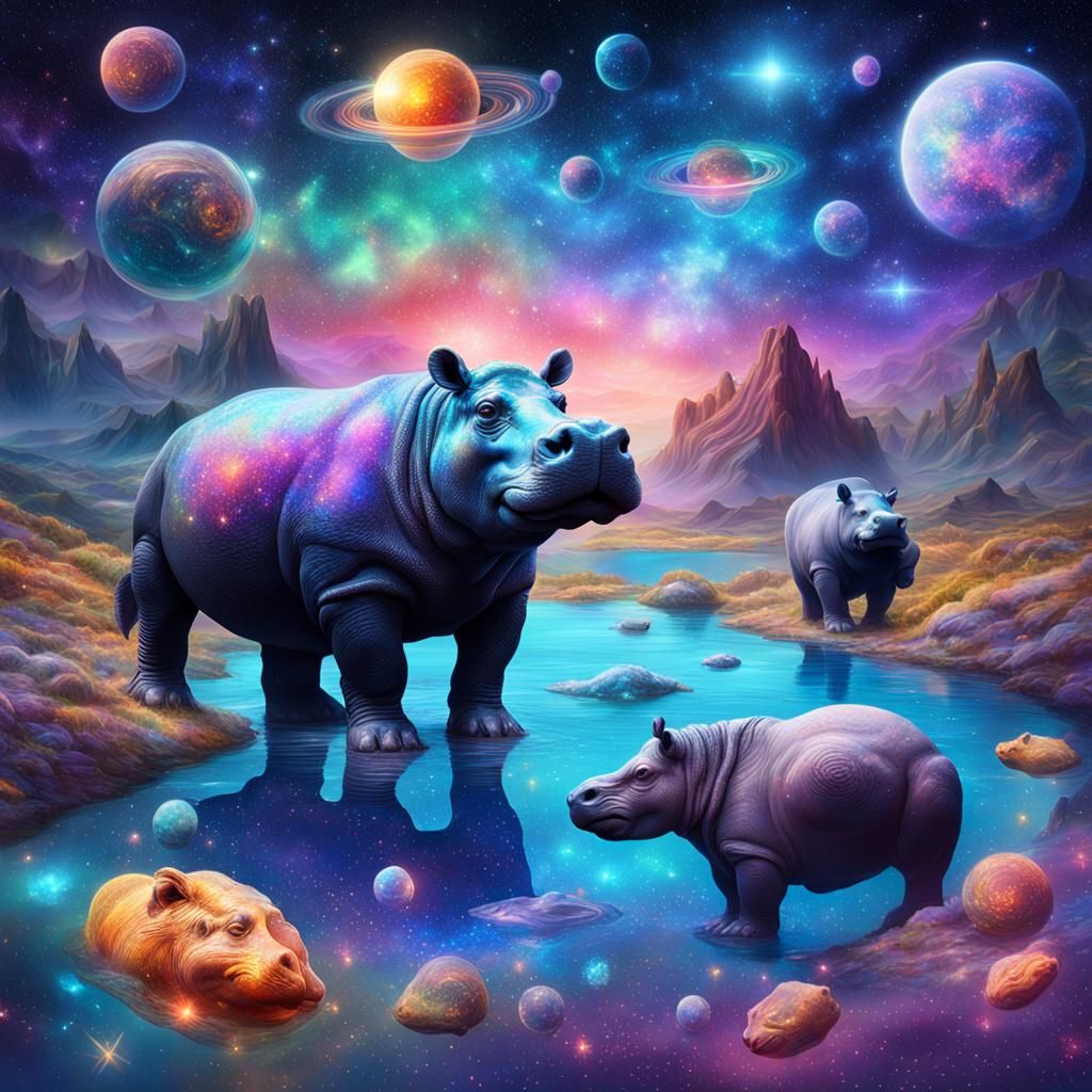 Hippos Float Through Galaxy: Astral Cosmic Illustration