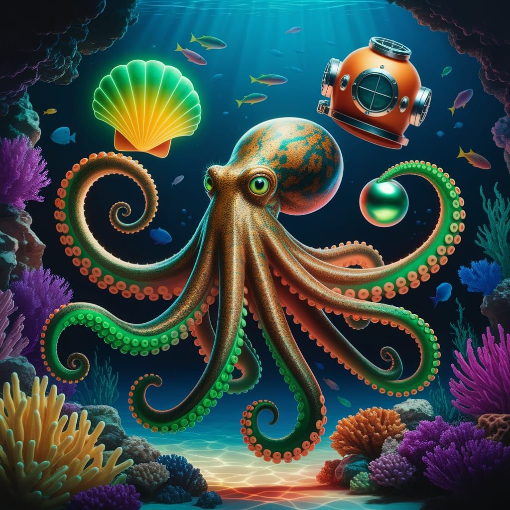 Neon Octopus Multi-Tasking in Underwater Scene