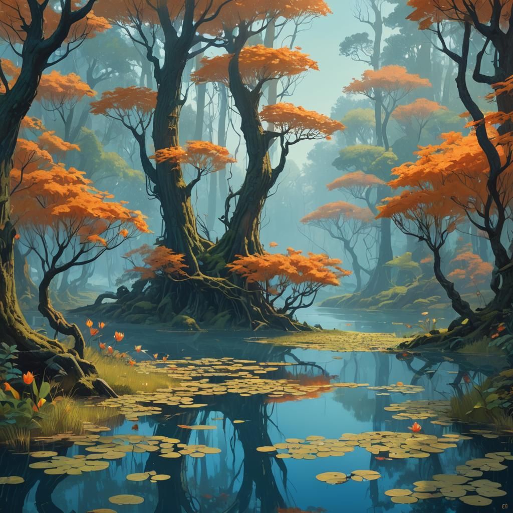 Mystical Forest Path by Serene Lake