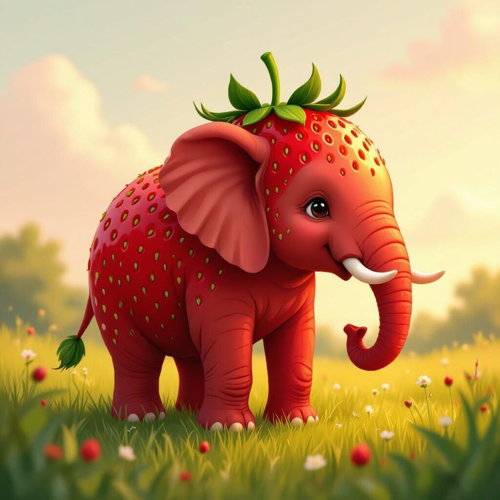 Whimsical Strawberry Elephant in Golden Hour Meadow