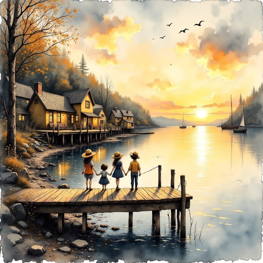 Warmth of Childhood Memories in Vintage Watercolor Style
