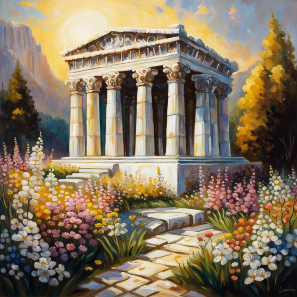 Cottagecore Greek Temple in Spring Meadow