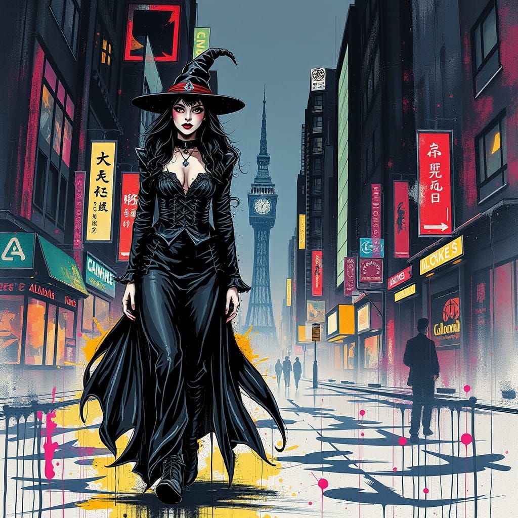 Gothic Woman in Vibrant Cityscape