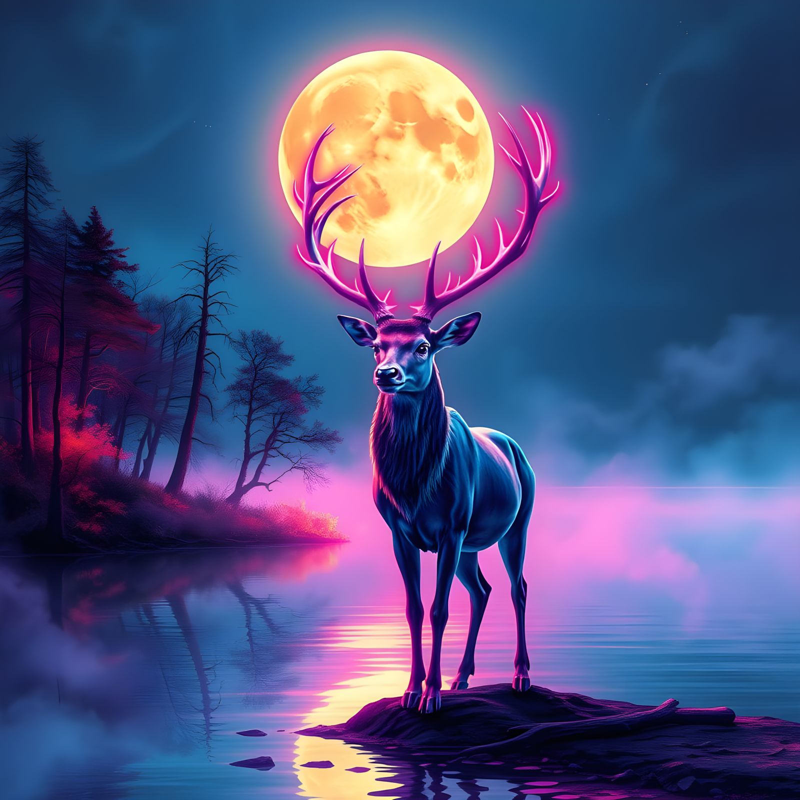 Luminous Stag at Moonlit Lake in Cyberpunk Graffiti Style
