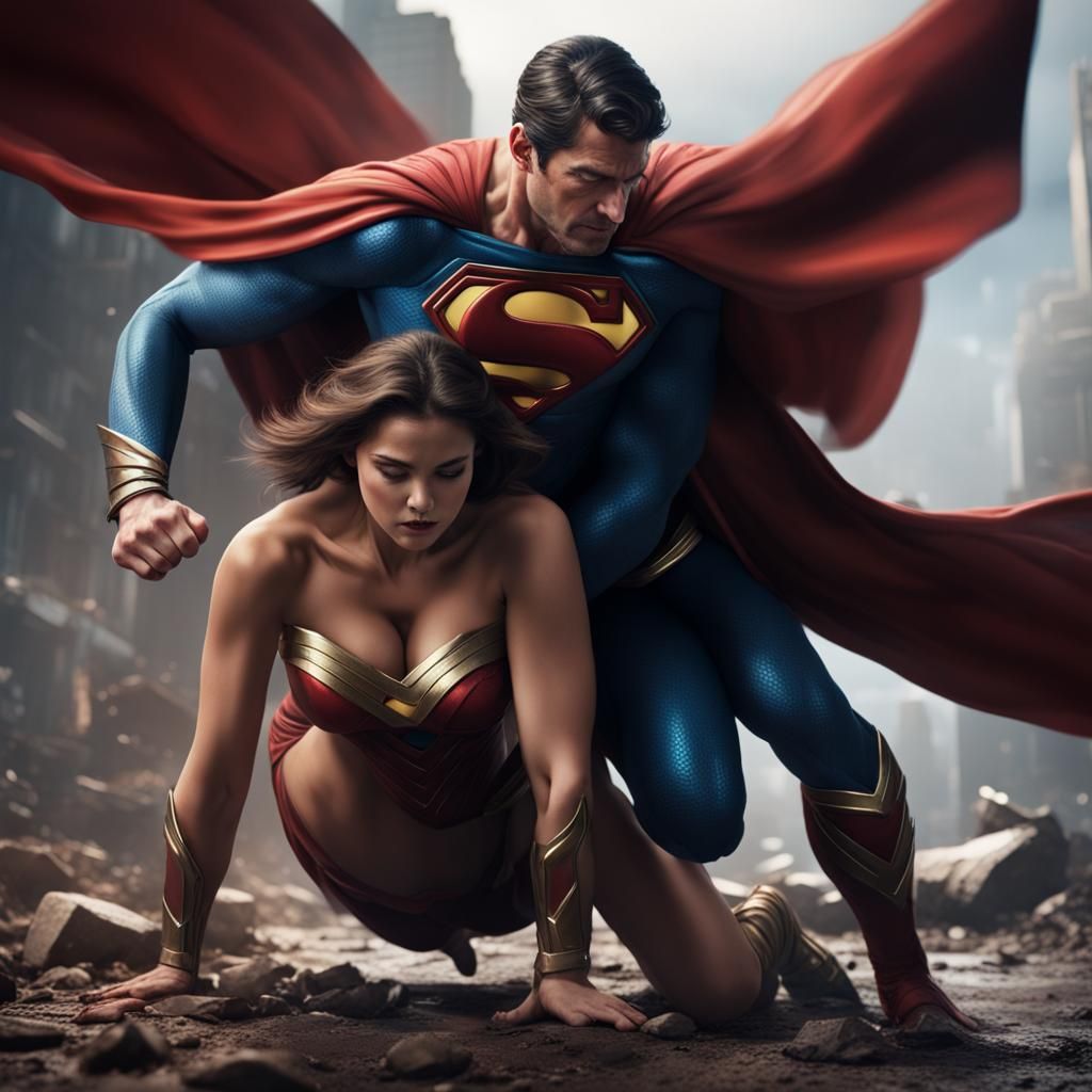 Epic Superhero Duo Struggle in a Vibrant, Cinematic Scene