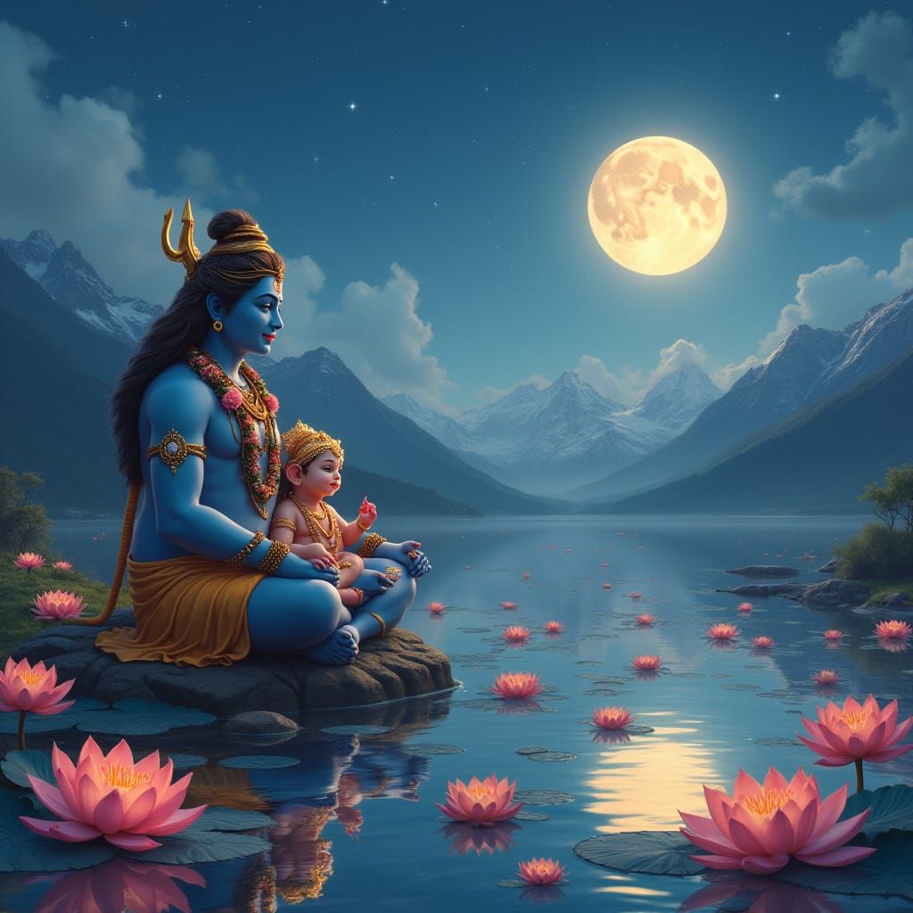 Baby Ganesha Reaching for Lord Shiva in Himalayas