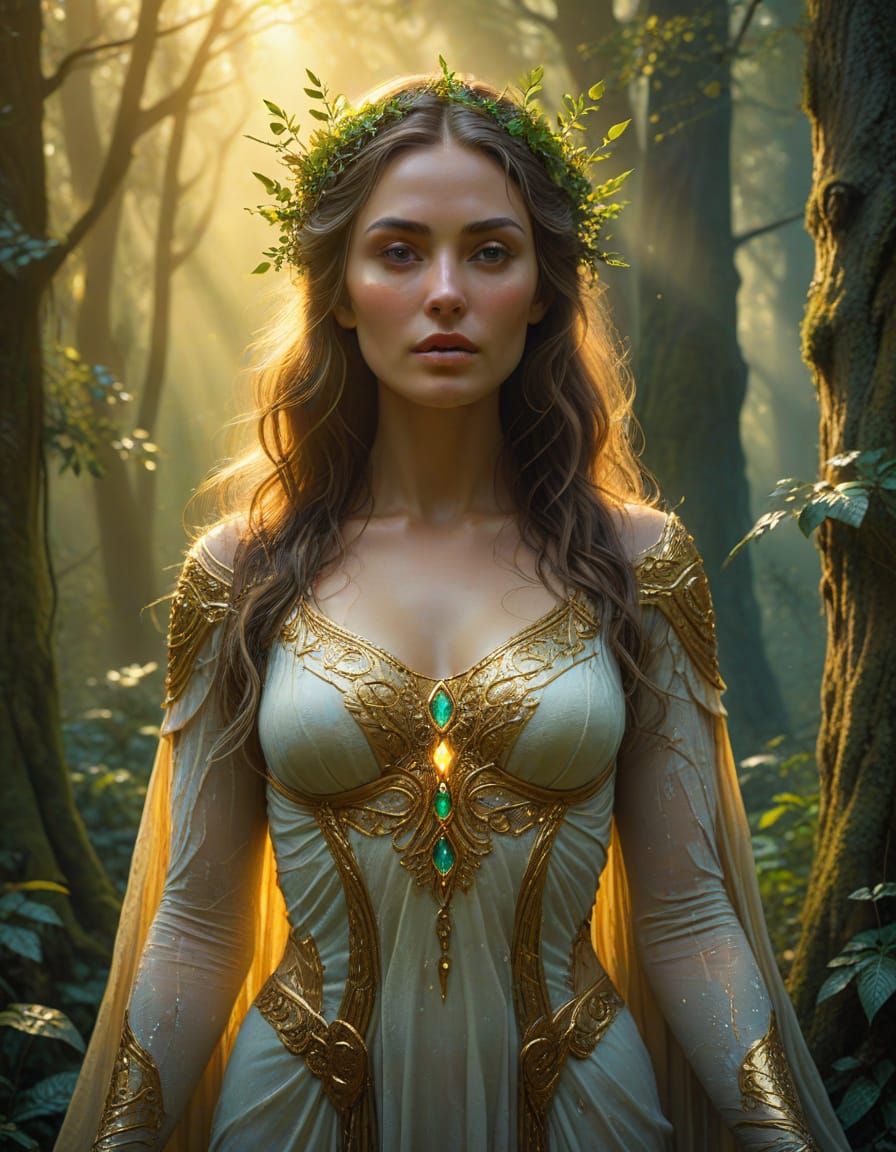 Serene Goddess in Enchanting Forest, Oil Painting Style