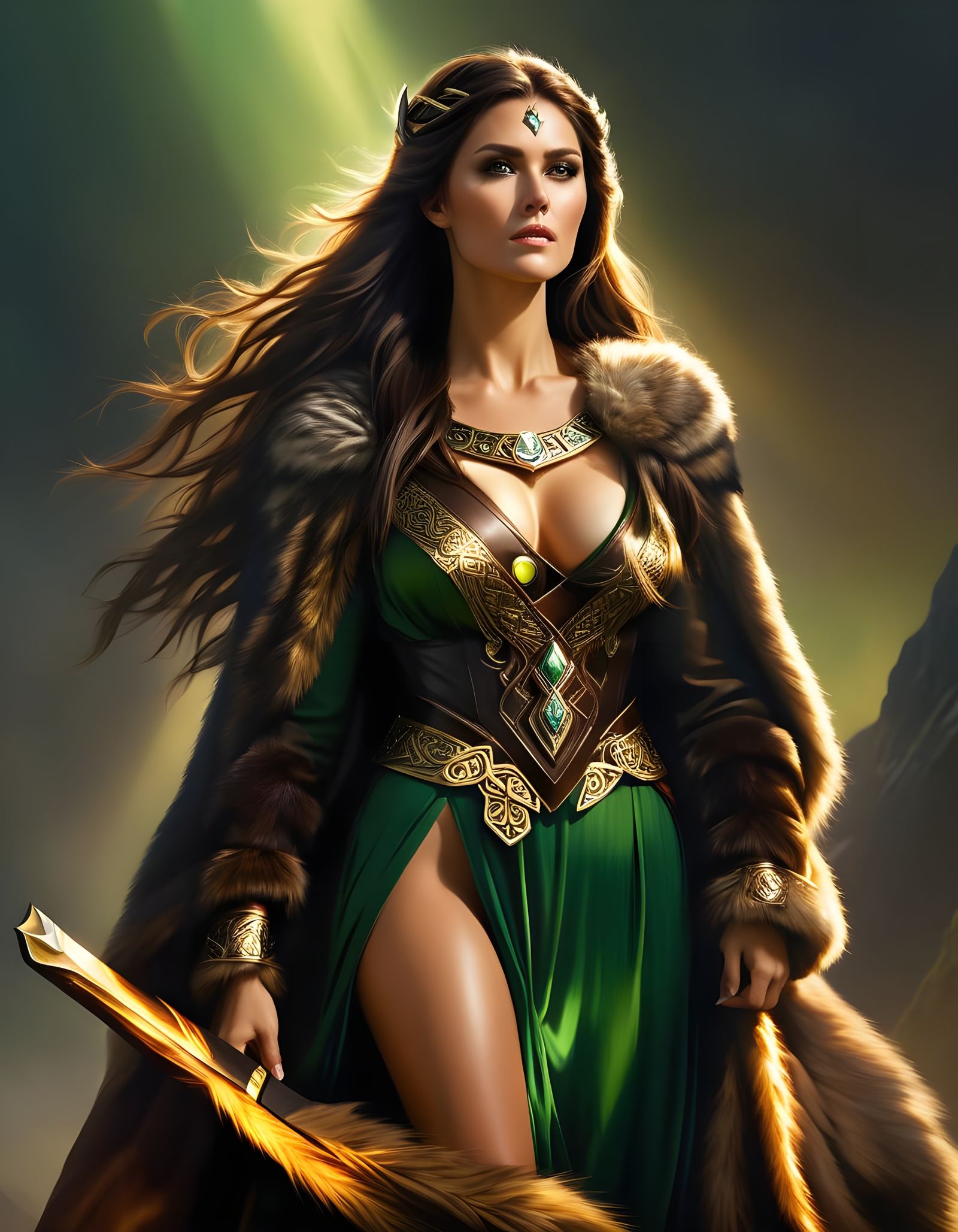 Norse Goddess Portrait in Digital Oil Painting Style