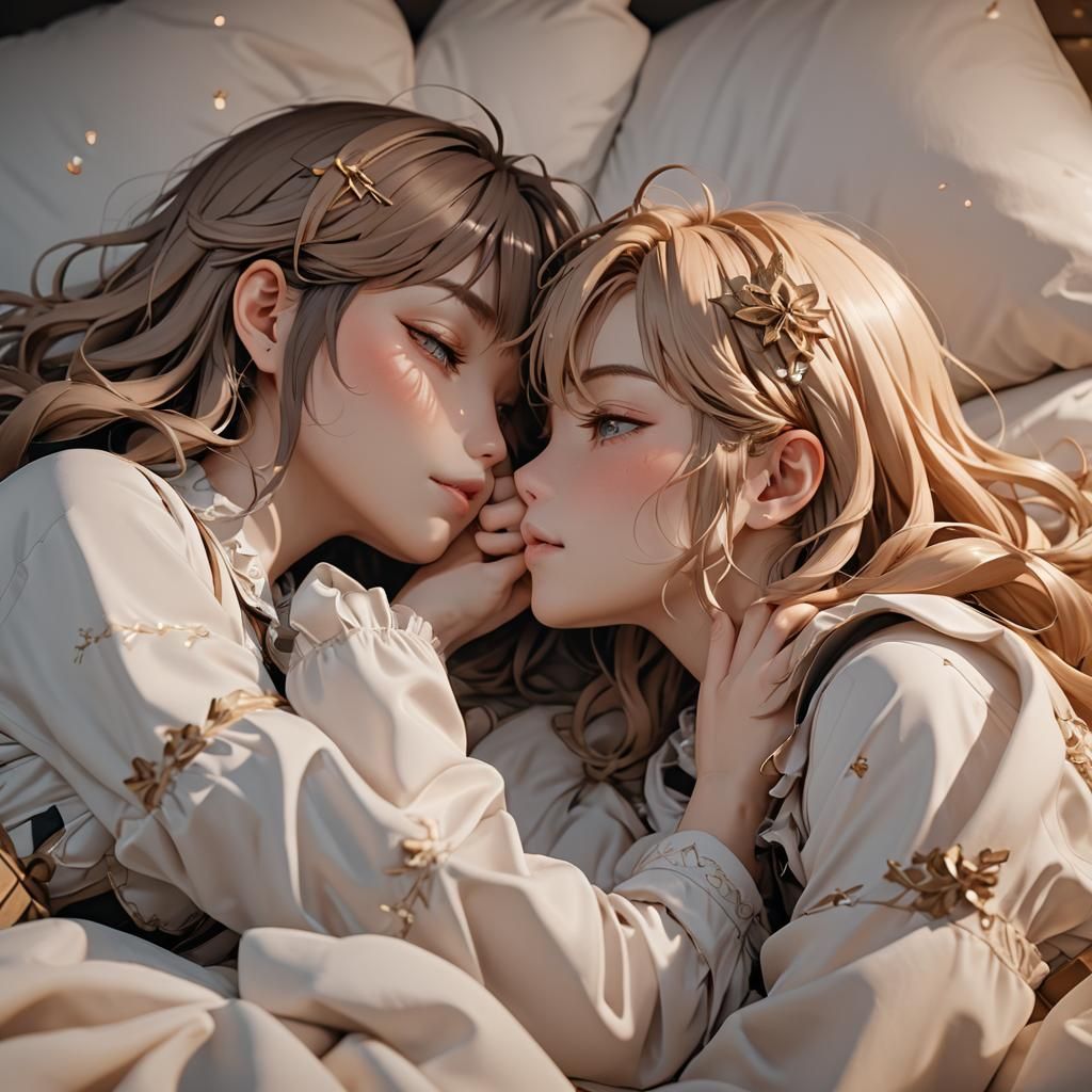 Dreamy Anime Girls Kiss in Soft 3D Style