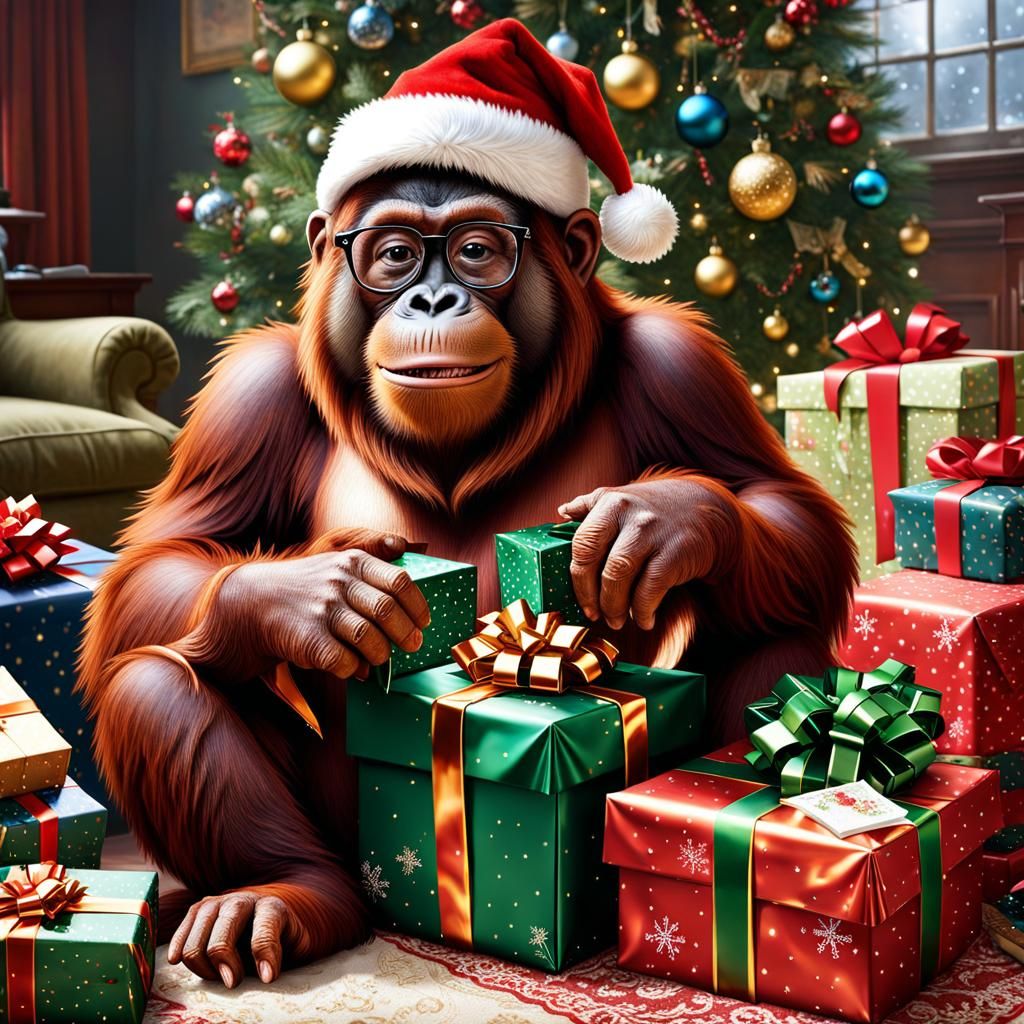 Christmas Orangutan Wrapping Presents in 3D Style
