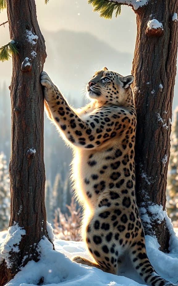 Snow Leopard Sharpens Claws in Winter Wonderland