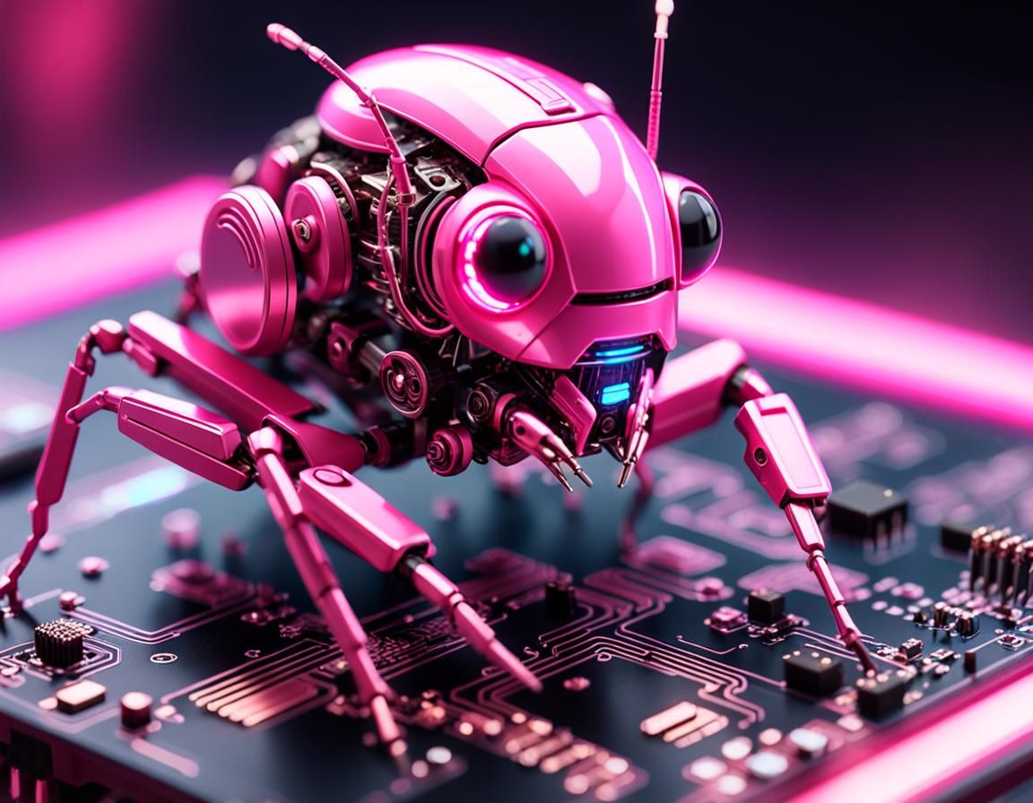 Elaborate Pink Robot Cricket on Circuit Board