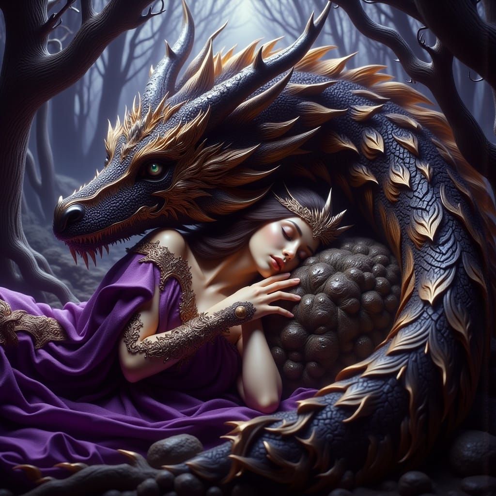 Dragon Protecting Elf in Mystical Forest, Detailed Fantasy A...