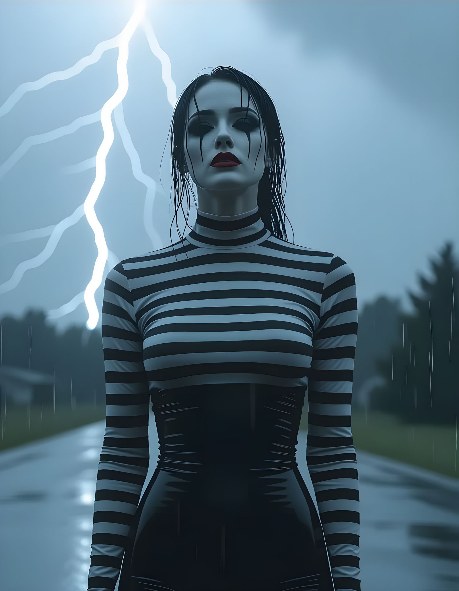 Mime in Striking Cinematic Rain Scene