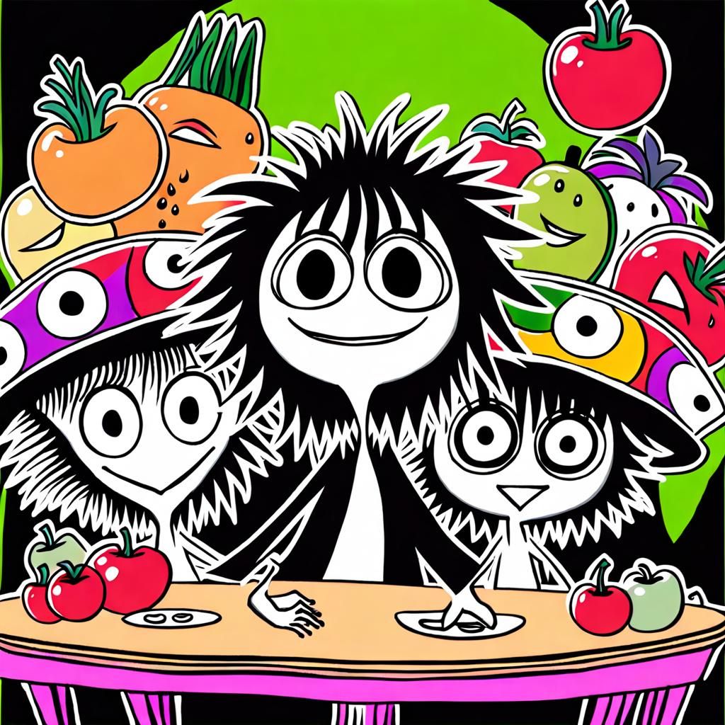 Fruits and Vegetables in Tim Burton Cartoon Style
