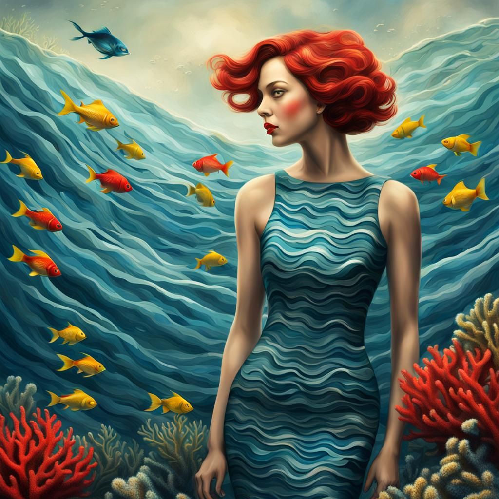 Woman in Coral Dress, Hyperrealistic Image